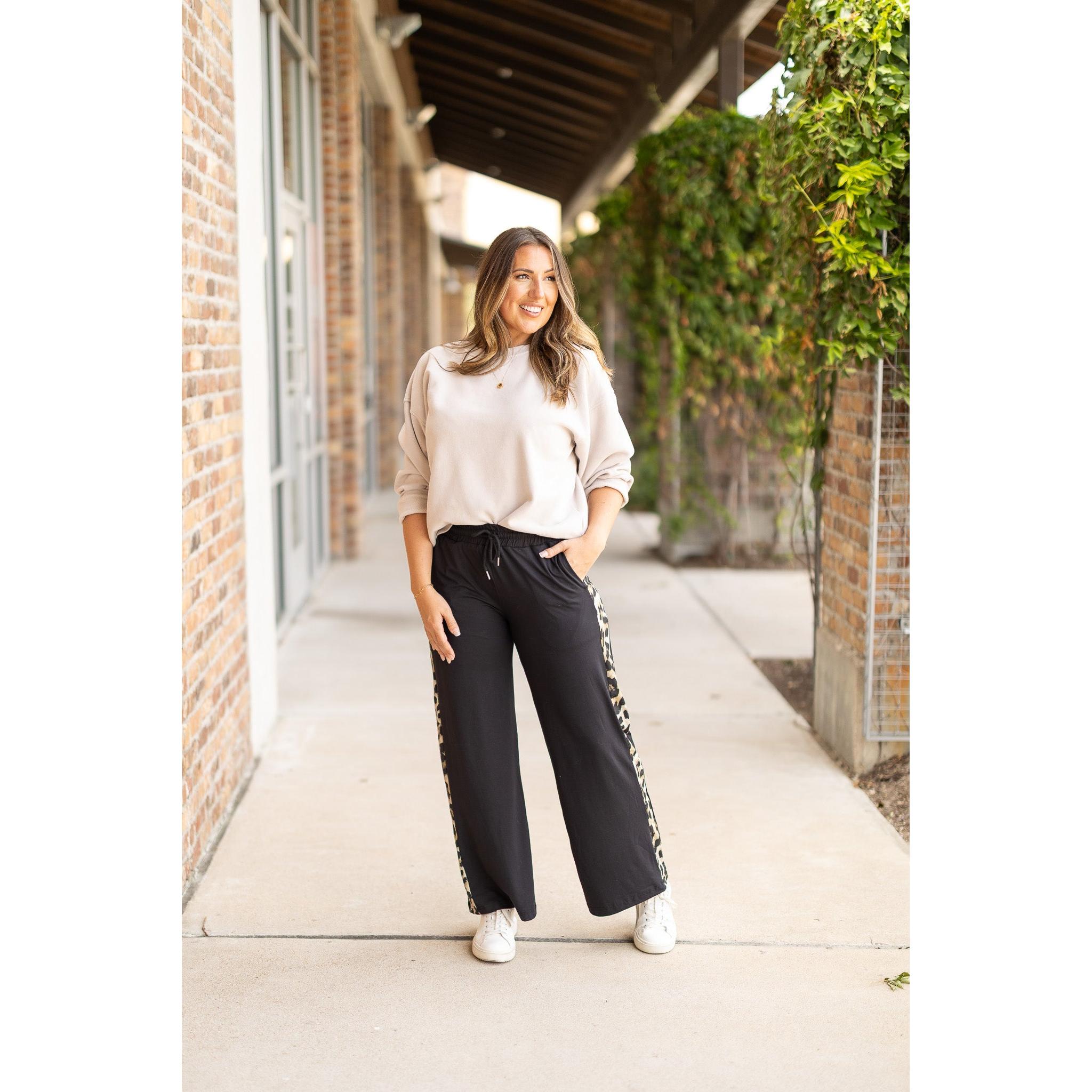 PreOrder | The Chelsea - Black Wide Leg with Leopard Panel Leggings